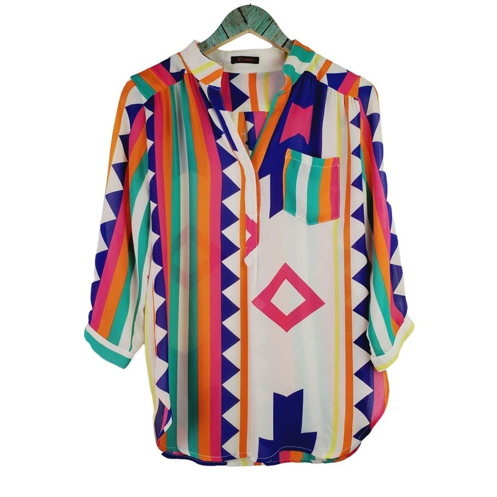 XTaren Stripped Sheer Colorful Tunic with Split Hem Sz Small
